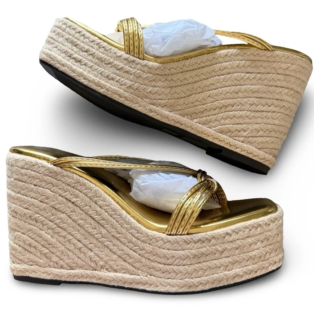 Gold Metallic Wedge Espadrille Platform Sandals Knotted Straps Square Toe Sz 6